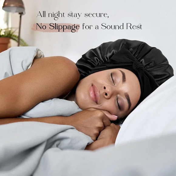 Yanibest Satin Bonnet Silk For Sleeping Hair Bonnet With Tie Band Head- Black - Picture 2 of 6